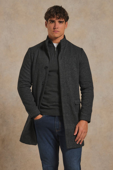 Herringbone Funnel Neck Overcoat in Charcoal