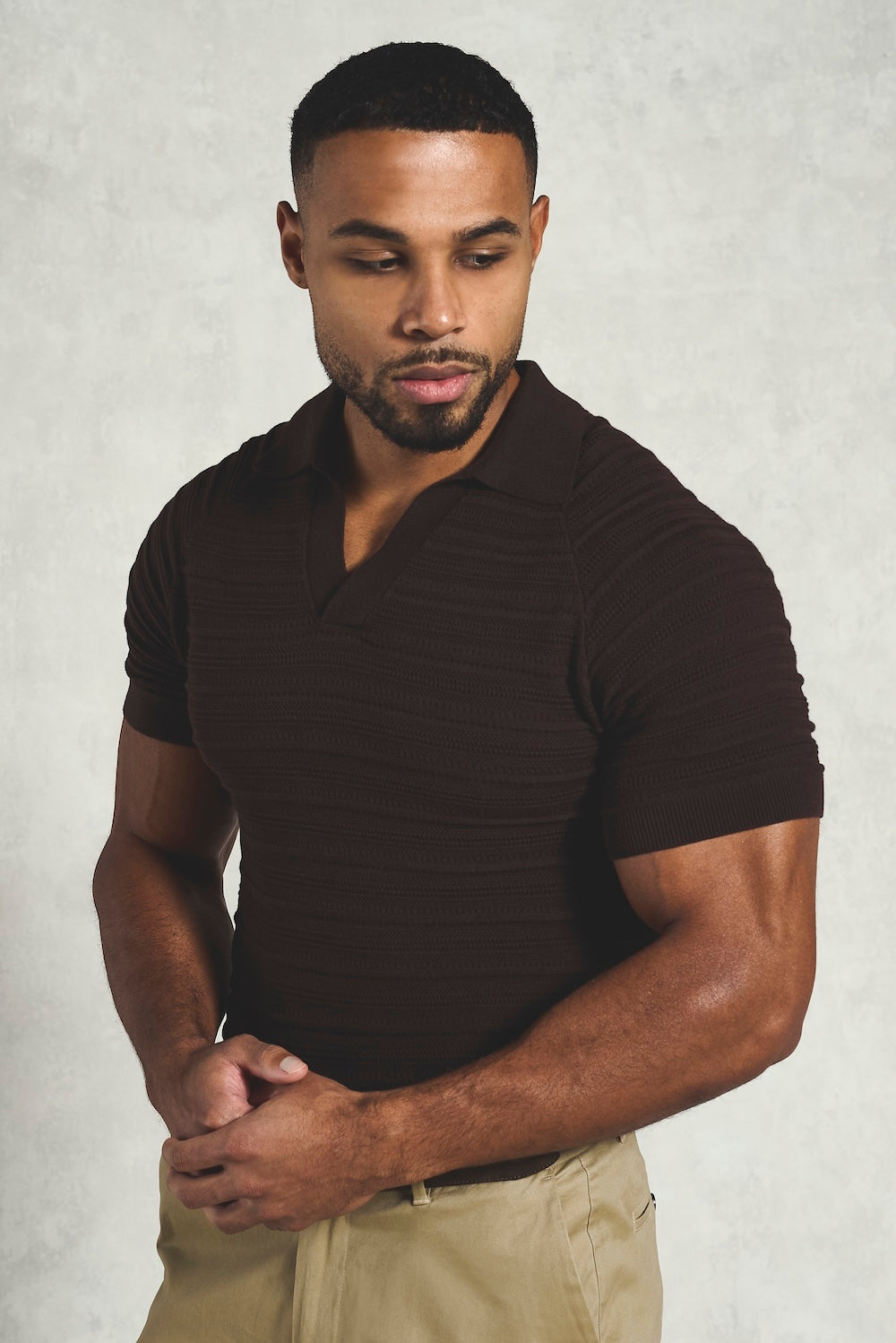 Horizontal Stripe Cotton Knitted Polo Shirt in Chocolate - TAILORED ATHLETE - USA
