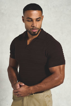 Horizontal Stripe Cotton Knitted Polo Shirt in Chocolate - TAILORED ATHLETE - USA