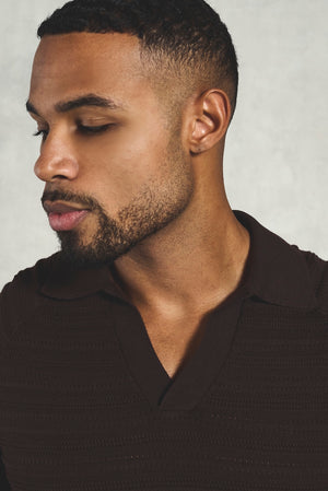 Horizontal Stripe Cotton Knitted Polo Shirt in Chocolate - TAILORED ATHLETE - USA