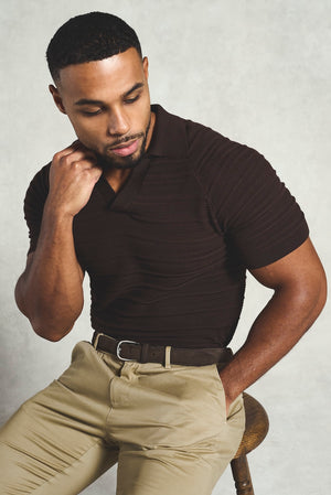 Horizontal Stripe Cotton Knitted Polo Shirt in Chocolate - TAILORED ATHLETE - USA