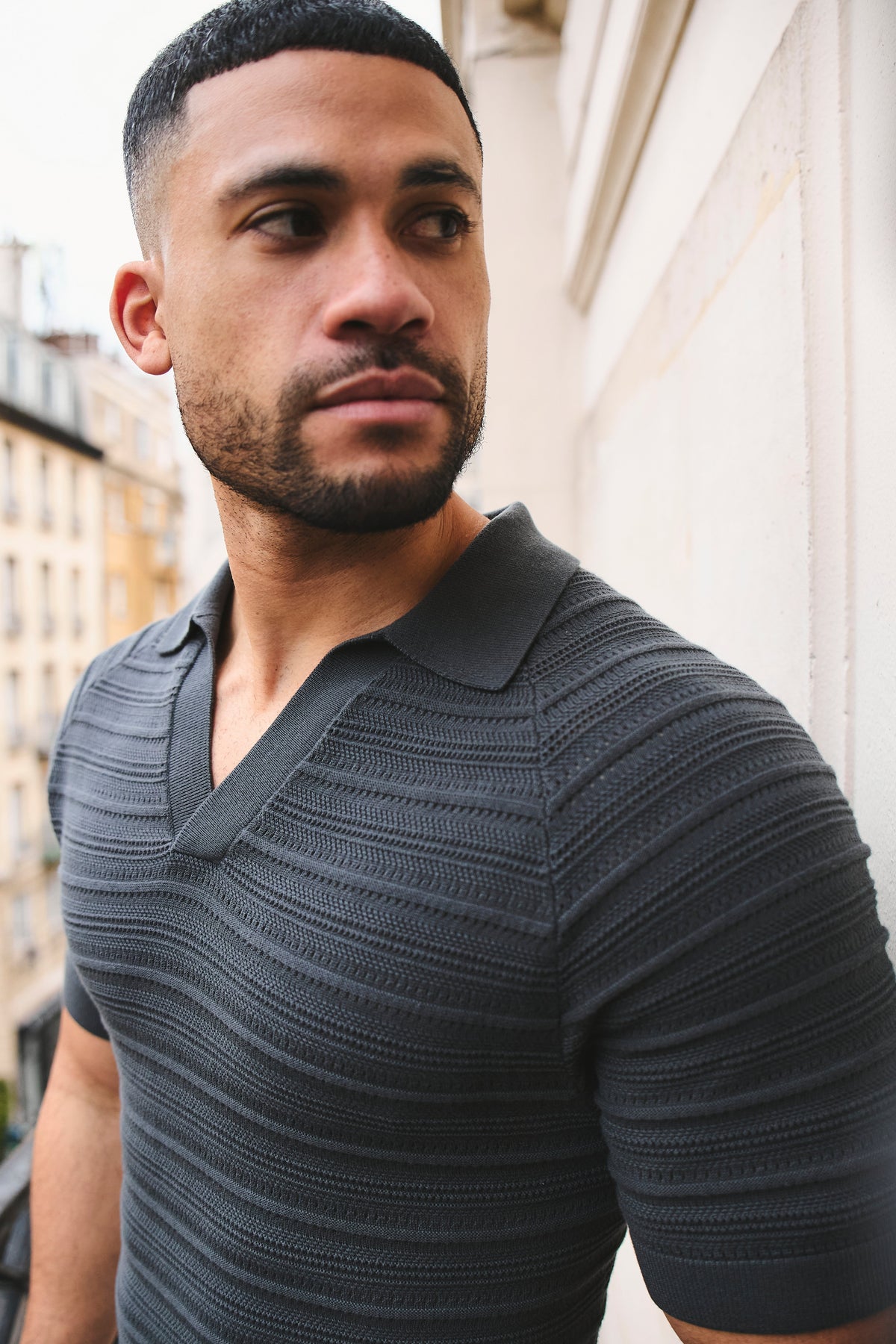 Horizontal Stripe Cotton Knitted Polo Shirt in Grey - TAILORED ATHLETE - USA