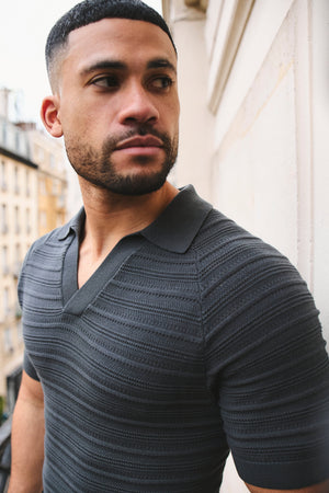 Horizontal Stripe Cotton Knitted Polo Shirt in Grey - TAILORED ATHLETE - USA