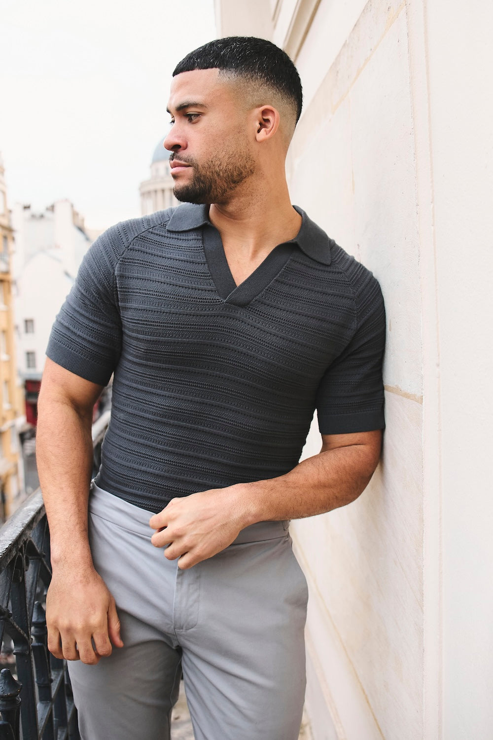 Horizontal Stripe Cotton Knitted Polo Shirt in Grey - TAILORED ATHLETE - USA