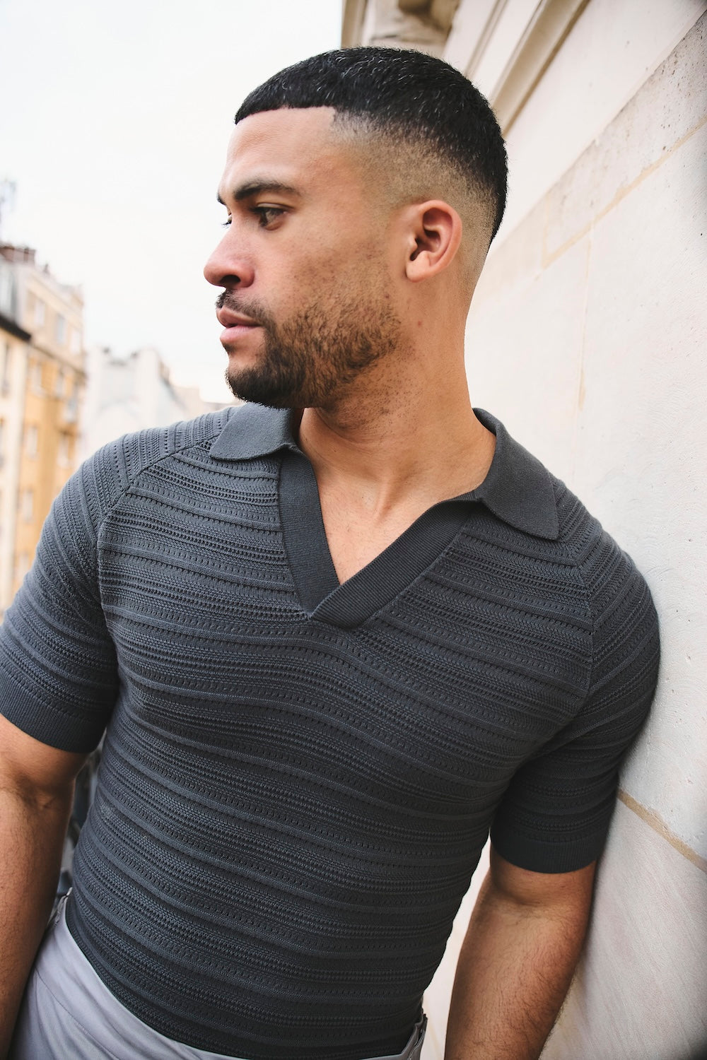 Horizontal Stripe Cotton Knitted Polo Shirt in Grey - TAILORED ATHLETE - USA