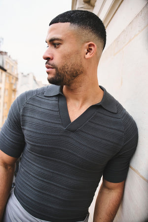 Horizontal Stripe Cotton Knitted Polo Shirt in Grey - TAILORED ATHLETE - USA