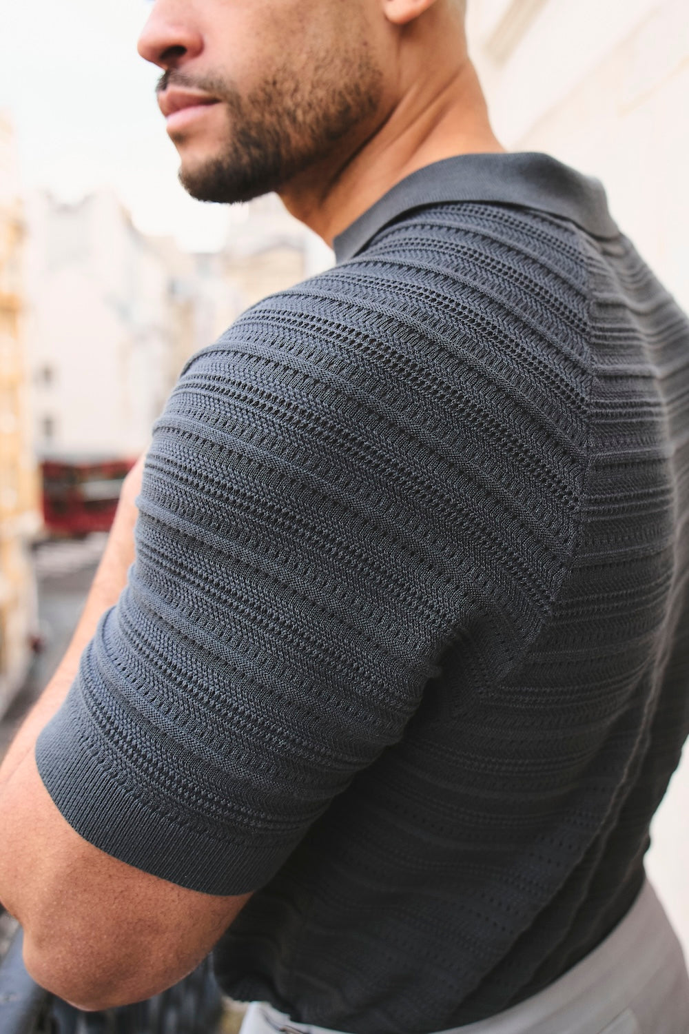 Horizontal Stripe Cotton Knitted Polo Shirt in Grey - TAILORED ATHLETE - USA
