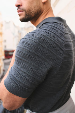 Horizontal Stripe Cotton Knitted Polo Shirt in Grey - TAILORED ATHLETE - USA