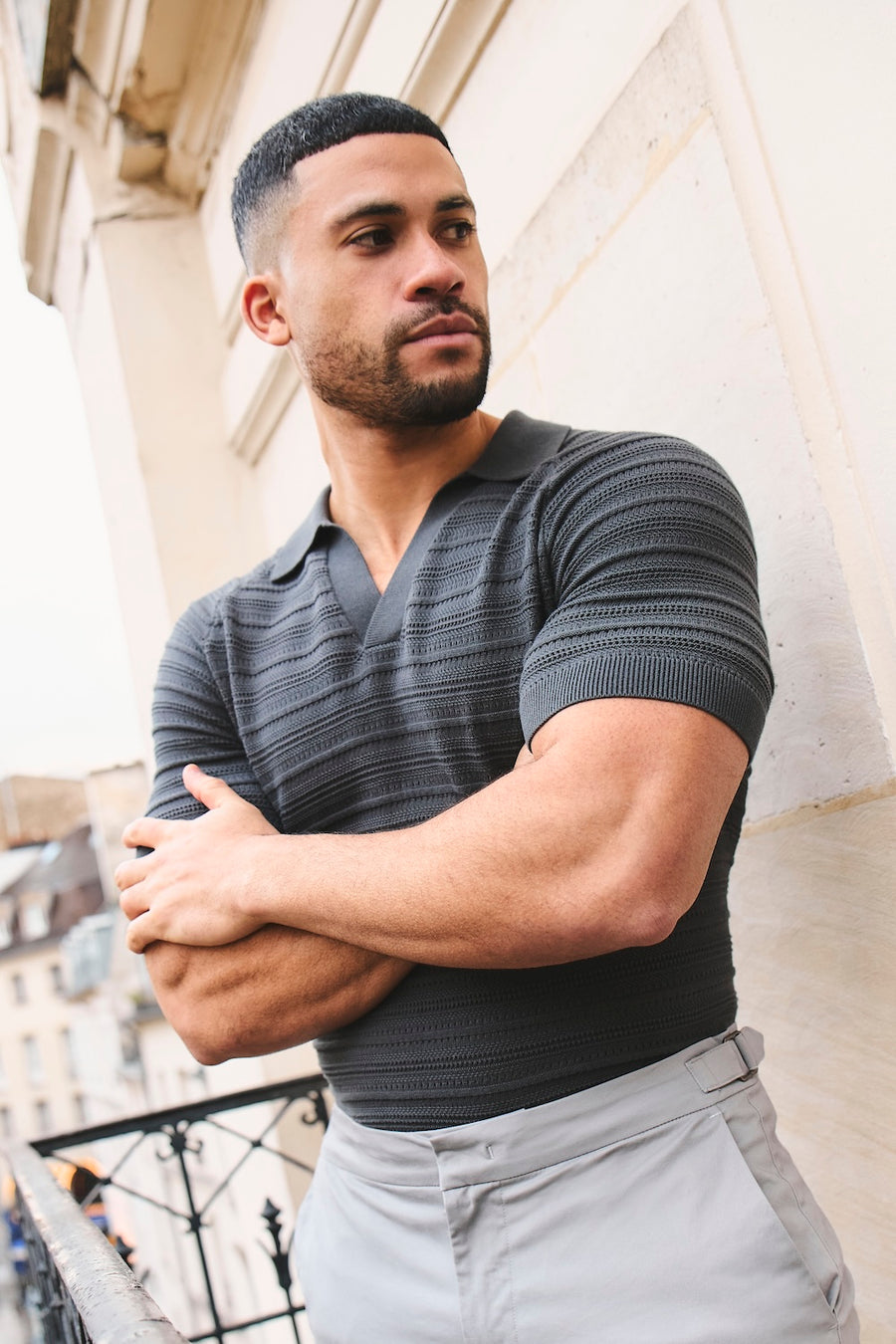Horizontal Stripe Cotton Knitted Polo Shirt in Grey - TAILORED ATHLETE - USA