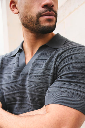 Horizontal Stripe Cotton Knitted Polo Shirt in Grey - TAILORED ATHLETE - USA