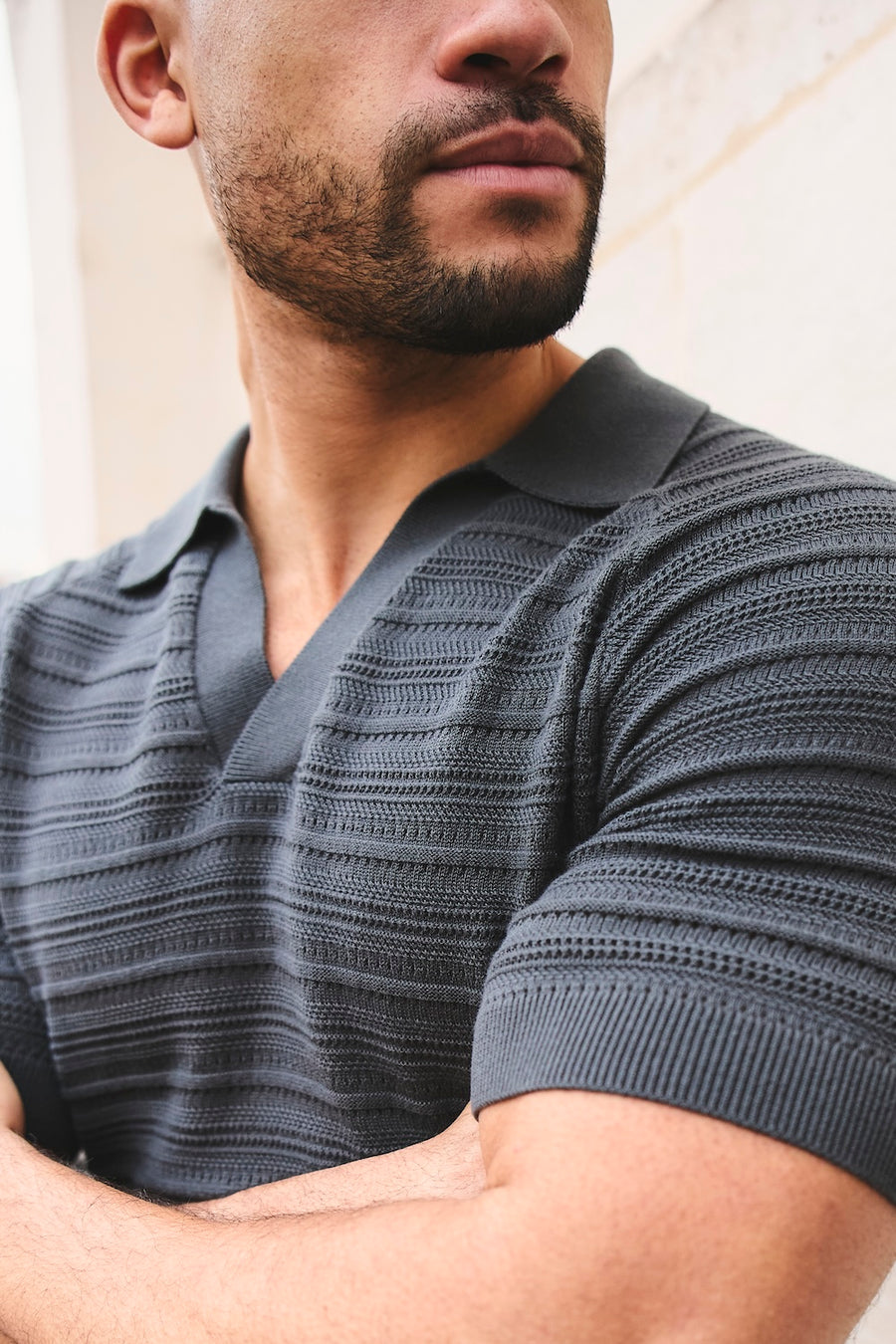 Horizontal Stripe Cotton Knitted Polo Shirt in Grey - TAILORED ATHLETE - USA