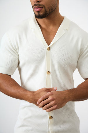 Jacquard Revere Collar Knitted Shirt in Ecru - TAILORED ATHLETE - USA