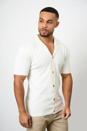 Jacquard Revere Collar Knitted Shirt in Ecru - TAILORED ATHLETE - USA