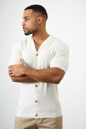 Jacquard Revere Collar Knitted Shirt in Ecru - TAILORED ATHLETE - USA