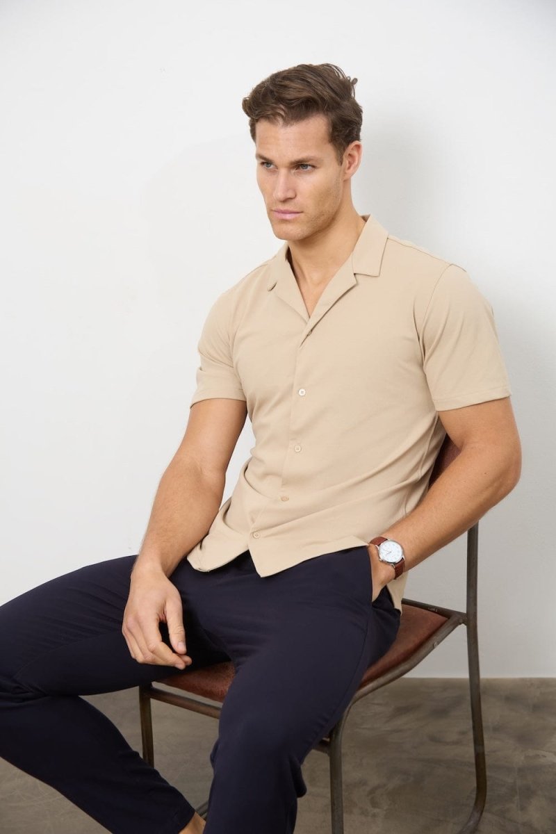 Jersey Cuban Collar Shirt in Stone - TAILORED ATHLETE - USA