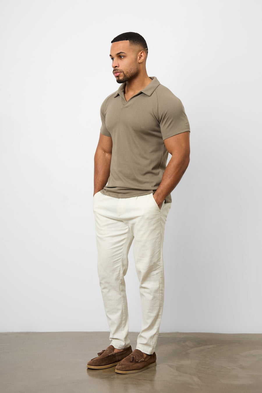 Knit Look Open Collar Polo Shirt in Khaki - TAILORED ATHLETE - USA