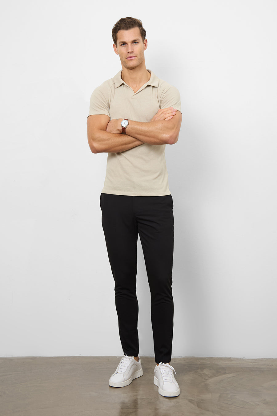 Knit Look Open Collar Polo Shirt in Stone - TAILORED ATHLETE - USA