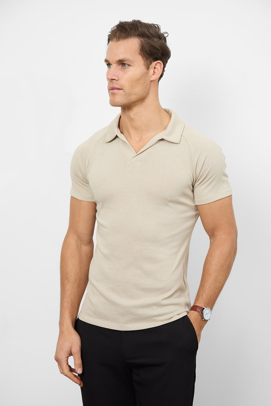 Knit Look Open Collar Polo Shirt in Stone - TAILORED ATHLETE - USA