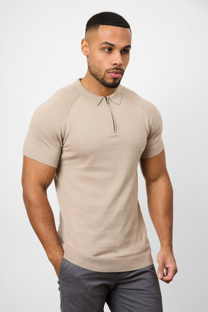 Knitted Zip Polo Shirt in Neutral - TAILORED ATHLETE - USA