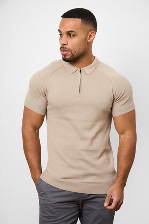 Knitted Zip Polo Shirt in Neutral - TAILORED ATHLETE - USA