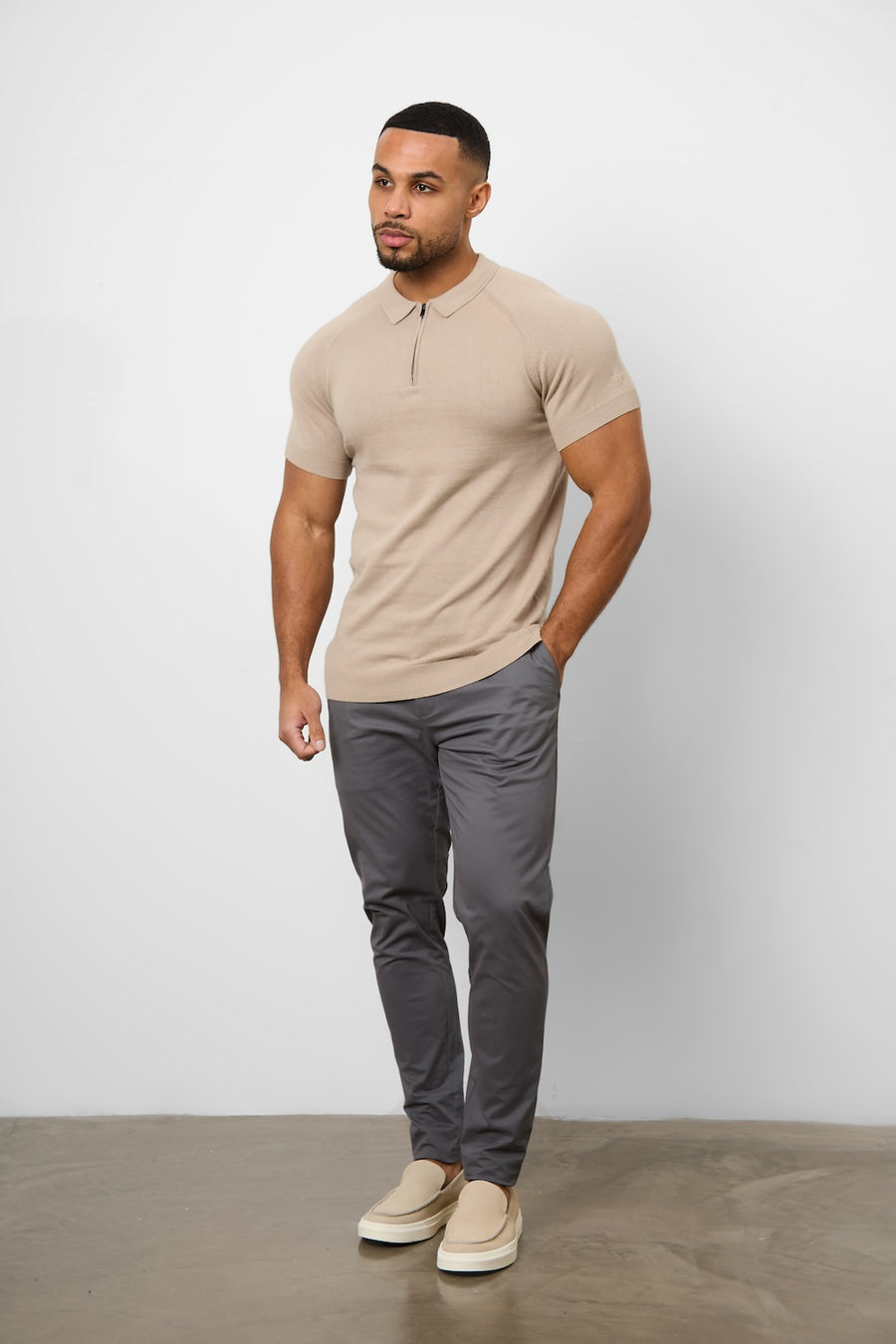 Knitted Zip Polo Shirt in Neutral - TAILORED ATHLETE - USA