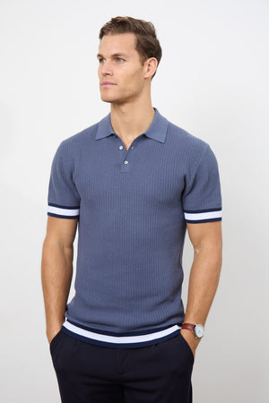 Colour Block Tipped Knitted Polo Shirt in Slate Blue - TAILORED ATHLETE - USA