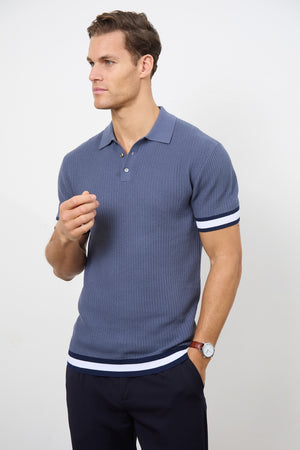 Colour Block Tipped Knitted Polo Shirt in Slate Blue - TAILORED ATHLETE - USA