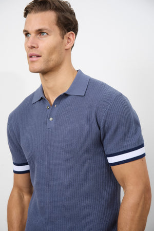 Colour Block Tipped Knitted Polo Shirt in Slate Blue - TAILORED ATHLETE - USA