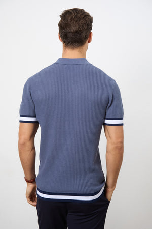 Colour Block Tipped Knitted Polo Shirt in Slate Blue - TAILORED ATHLETE - USA