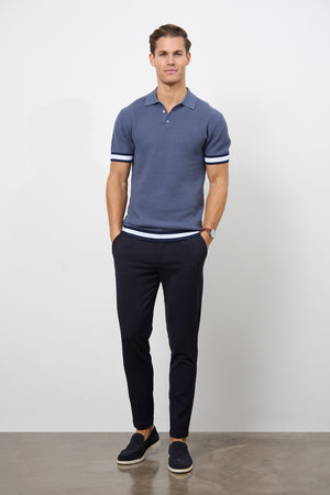 Colour Block Tipped Knitted Polo Shirt in Slate Blue - TAILORED ATHLETE - USA