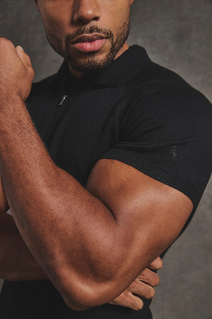 Knitted Half Zip Neck Polo in Black - TAILORED ATHLETE - USA