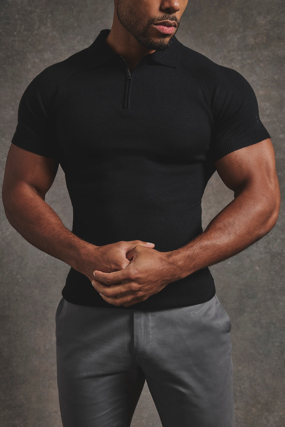 Knitted Half Zip Neck Polo in Black - TAILORED ATHLETE - USA