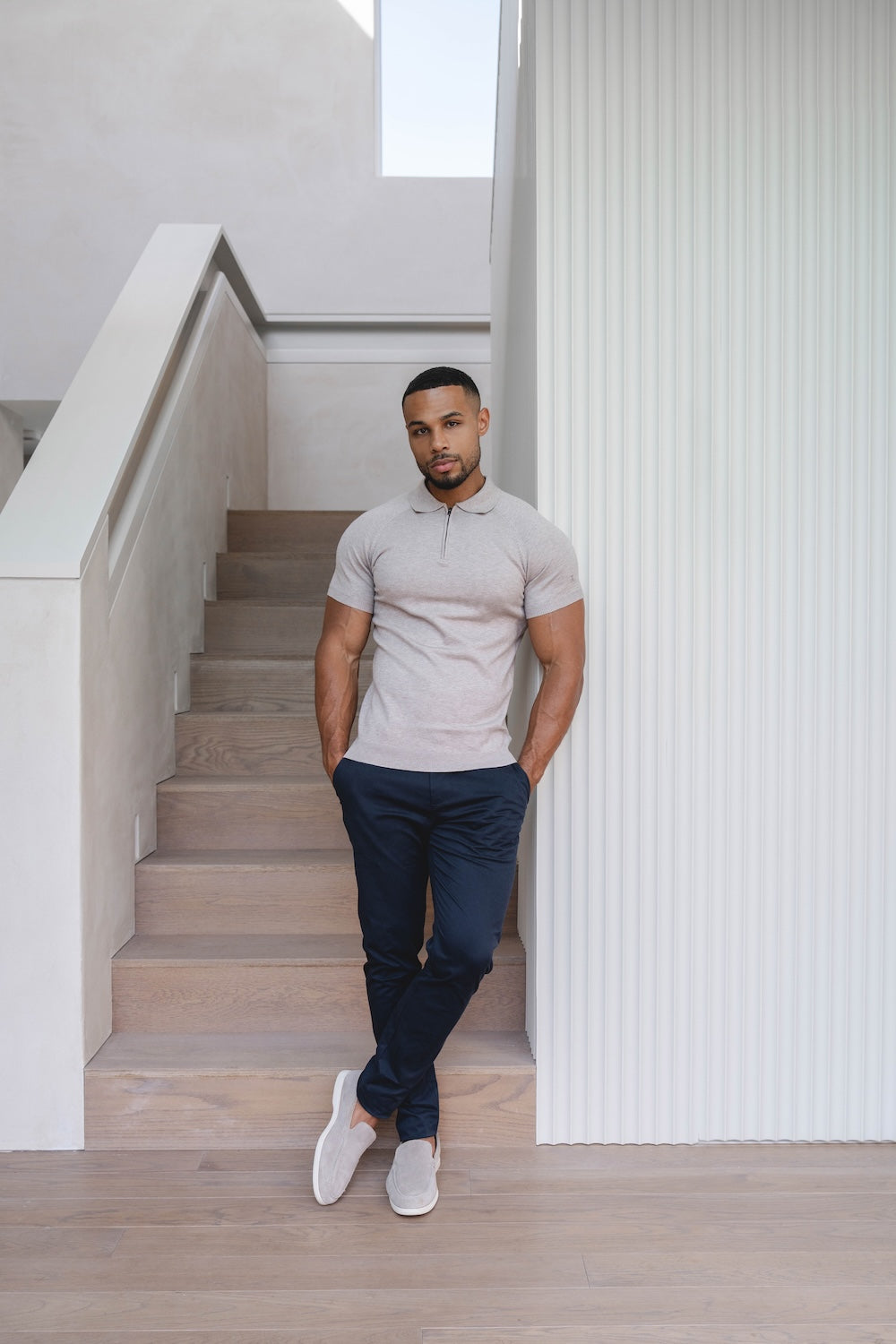 Knitted Half Zip Neck Polo in Oatmeal - TAILORED ATHLETE - USA