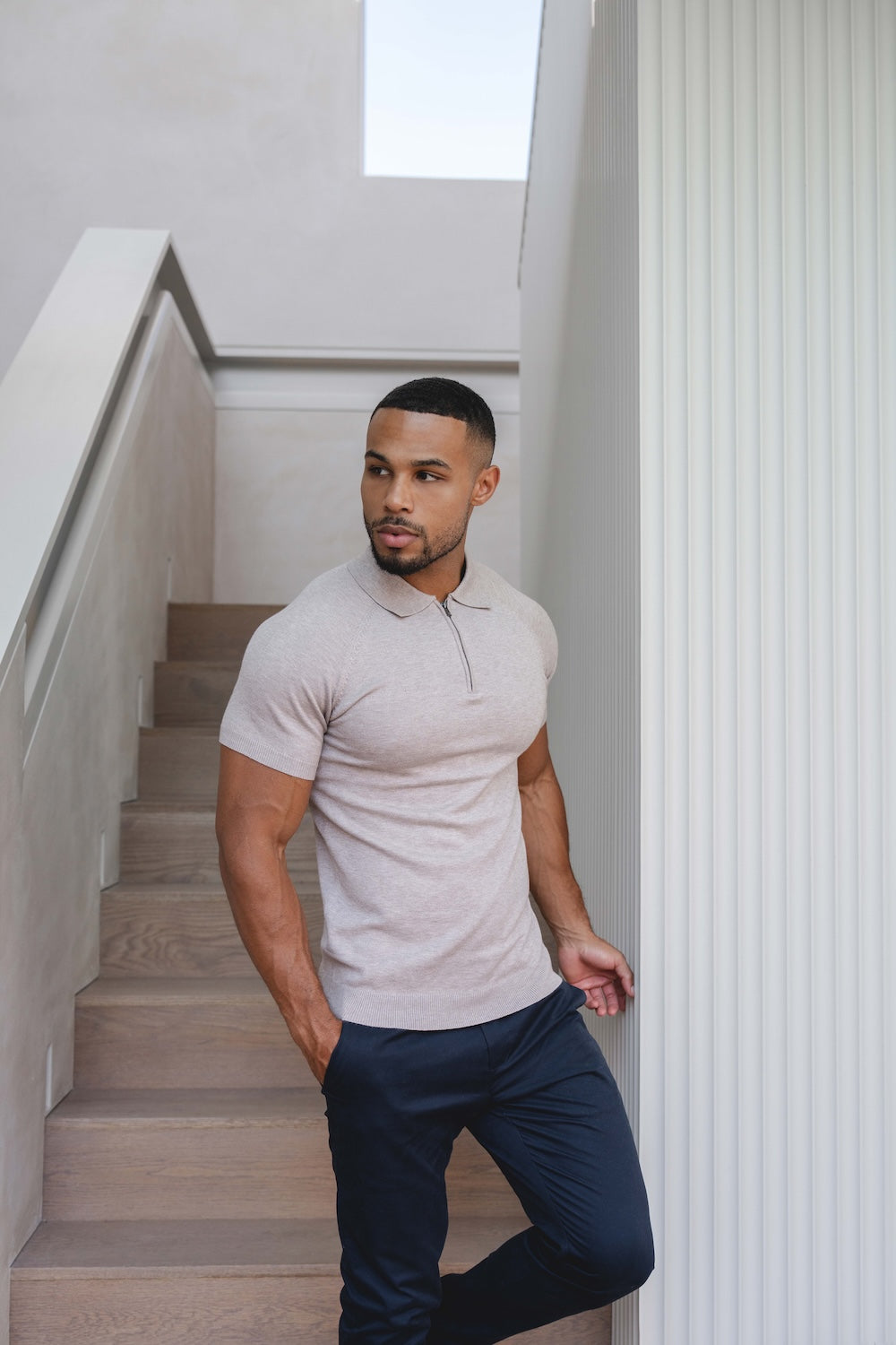 Knitted Half Zip Neck Polo in Oatmeal - TAILORED ATHLETE - USA