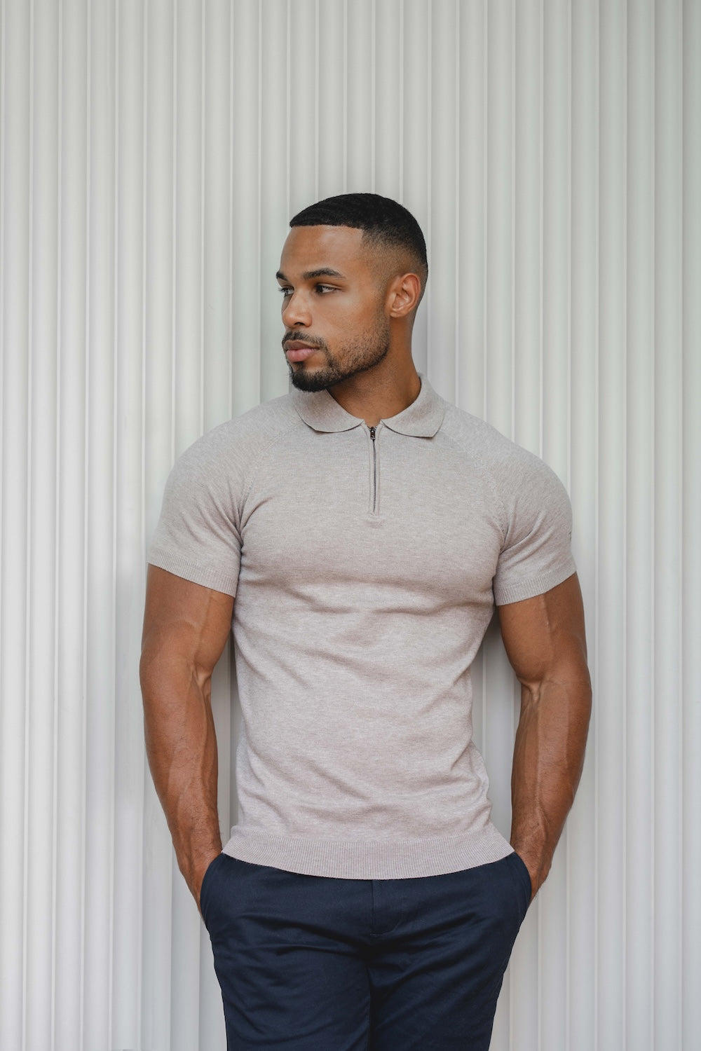 Knitted Half Zip Neck Polo in Oatmeal - TAILORED ATHLETE - USA