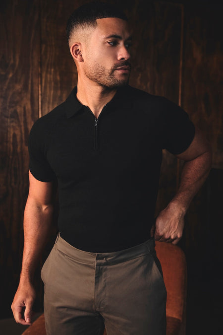 Knitted Half Zip Neck Polo in Black - TAILORED ATHLETE - USA