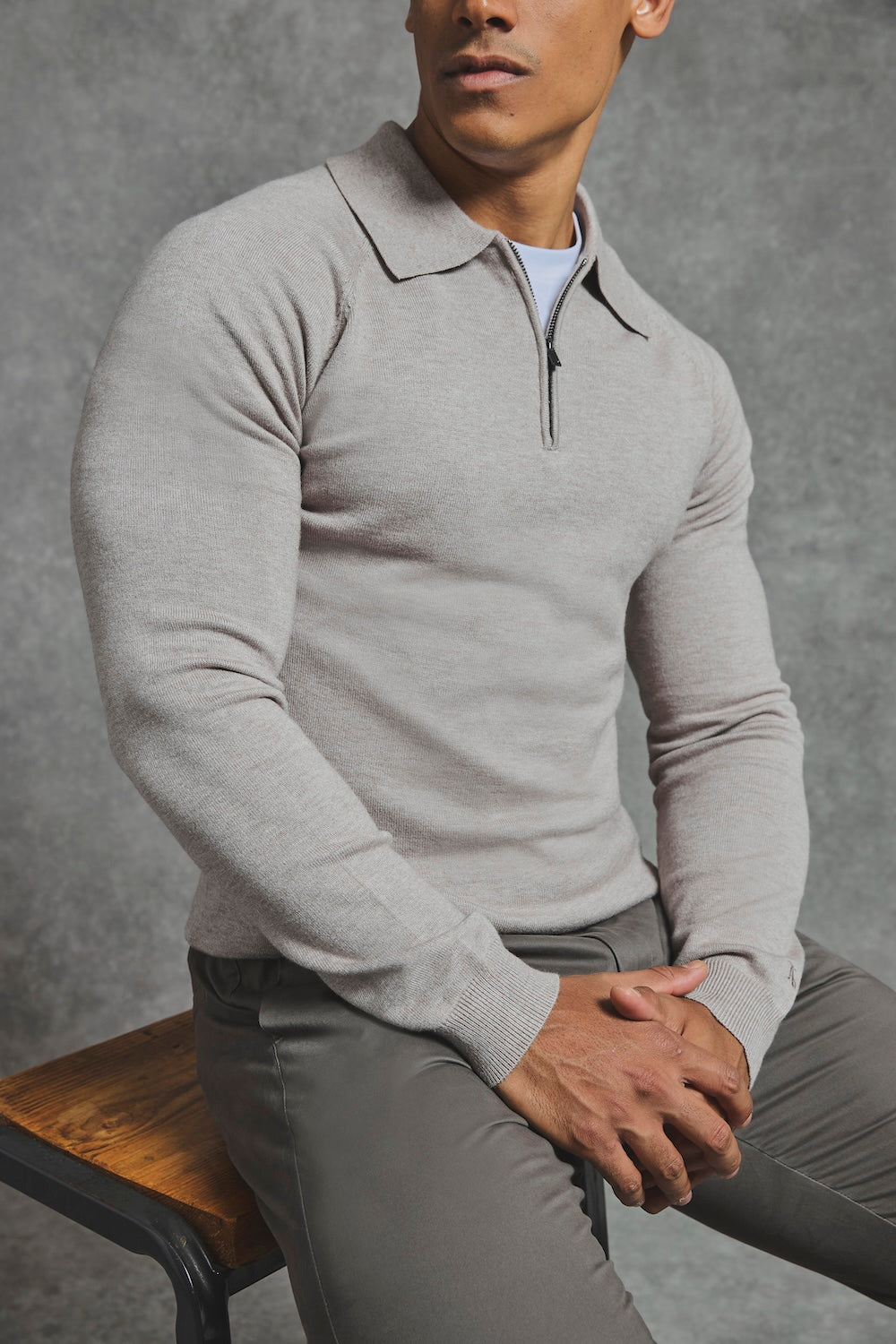 Knitted Half Zip Polo Shirt in Dark Oatmeal - TAILORED ATHLETE - USA