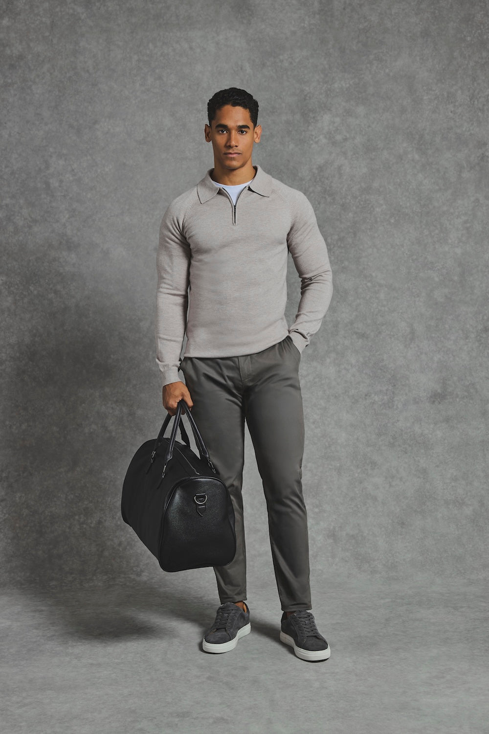 Knitted Half Zip Polo Shirt in Dark Oatmeal - TAILORED ATHLETE - USA