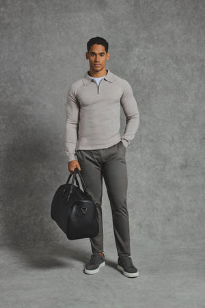 Knitted Half Zip Polo Shirt in Dark Oatmeal - TAILORED ATHLETE - USA