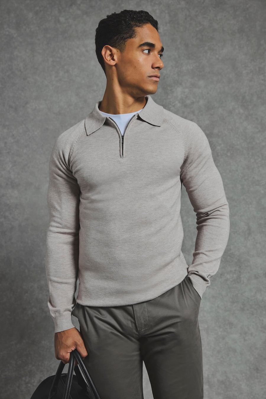 Knitted Half Zip Polo Shirt in Dark Oatmeal - TAILORED ATHLETE - USA