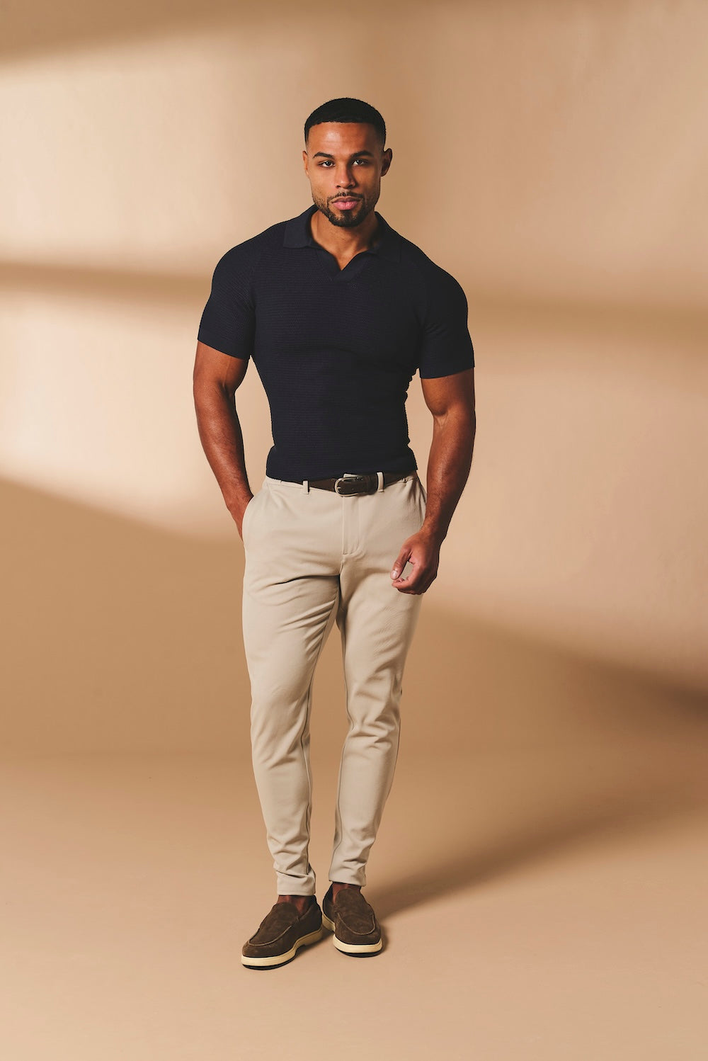 Textured Knitted Open Collar Polo Shirt in Navy L