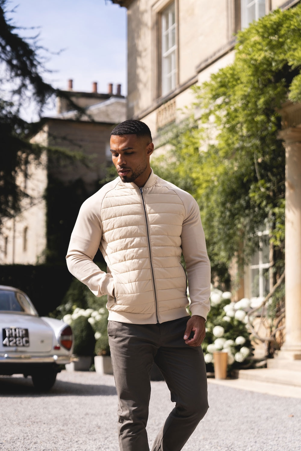 Quilted Hybrid Bomber Jacket in Neutral - TAILORED ATHLETE - USA