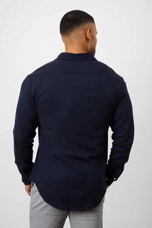 Linen Blend Button Through Shirt in Navy - TAILORED ATHLETE - USA