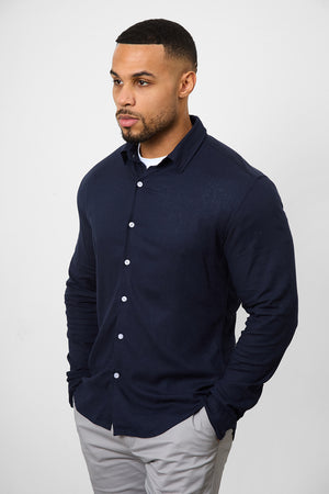 Linen Blend Button Through Shirt in Navy - TAILORED ATHLETE - USA