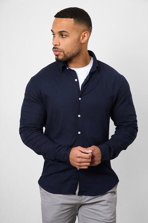 Linen Blend Button Through Shirt in Navy - TAILORED ATHLETE - USA