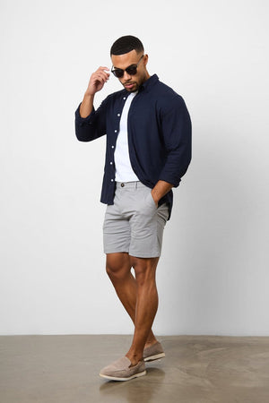 Stretch Linen Blend Button Through Shirt in Navy - TAILORED ATHLETE - USA