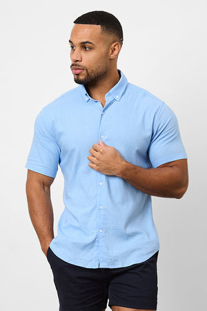 Linen Blend Button Through Shirt in Sky Blue - TAILORED ATHLETE - USA