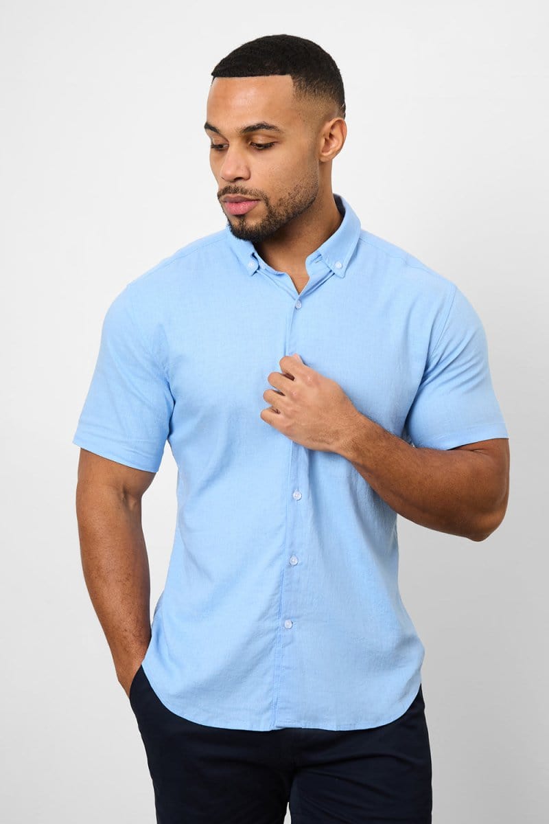 Stretch Linen Blend Button Through Shirt in Sky Blue S Stretch Linen Blend Button Through Shirt in Sky Blue S