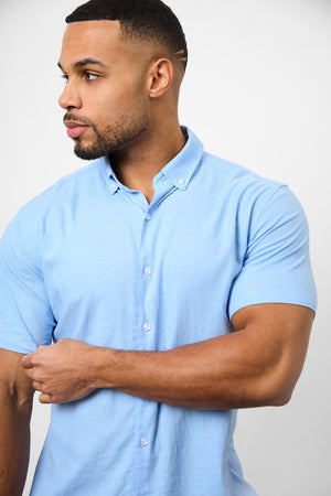 Linen Blend Button Through Shirt in Sky Blue - TAILORED ATHLETE - USA