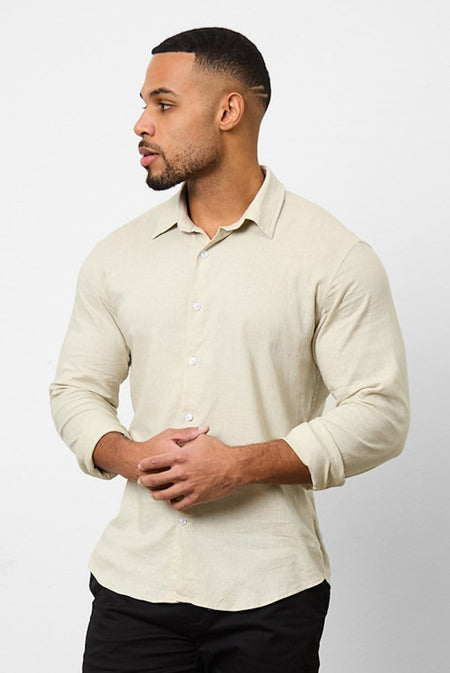 Stretch Linen Blend Button Through Shirt in Stone - TAILORED ATHLETE - USA